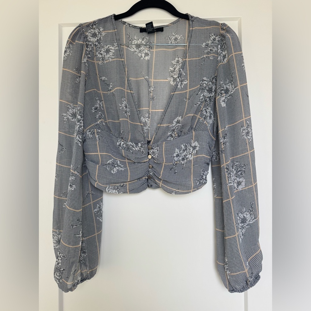 Forever 21 Gray Floral Plaid Blouse